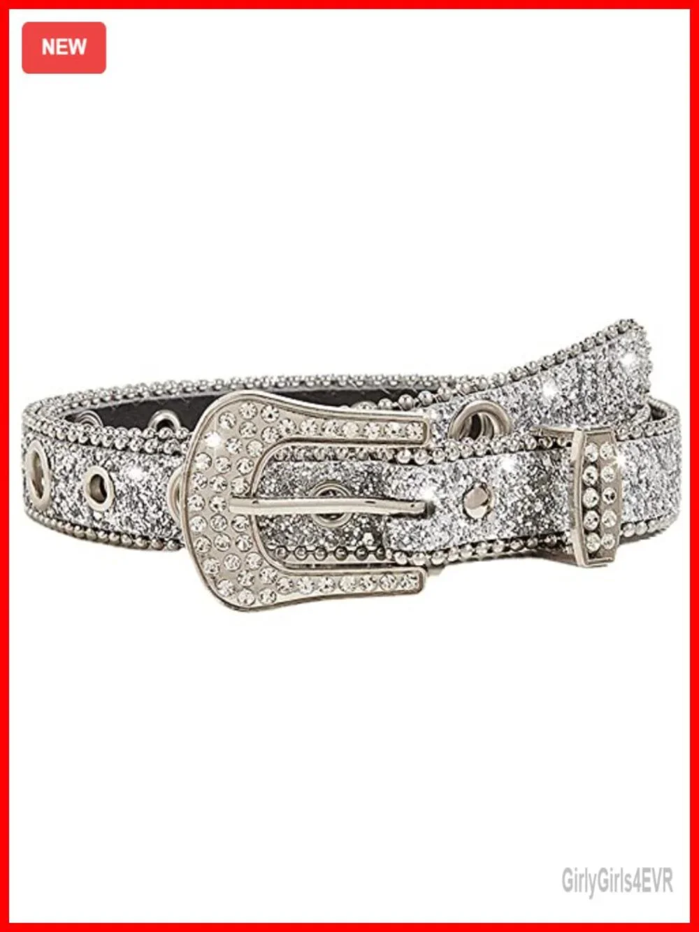 Western Rhinestone Belt with Large Buckle, Faux Leather Cowgirl Belt